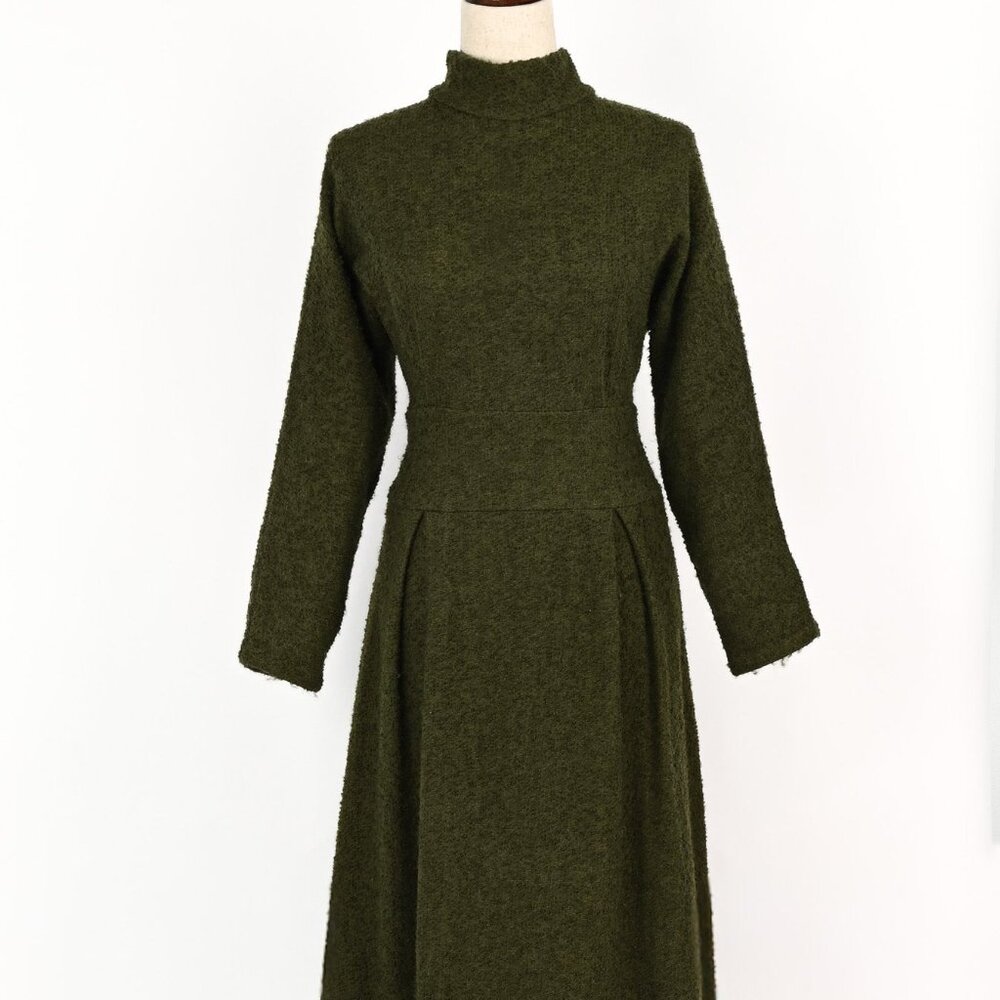 Vintage 60s/70s Olive Green Heavy Bouclé Wool Long Sleeve Maxi Dress
